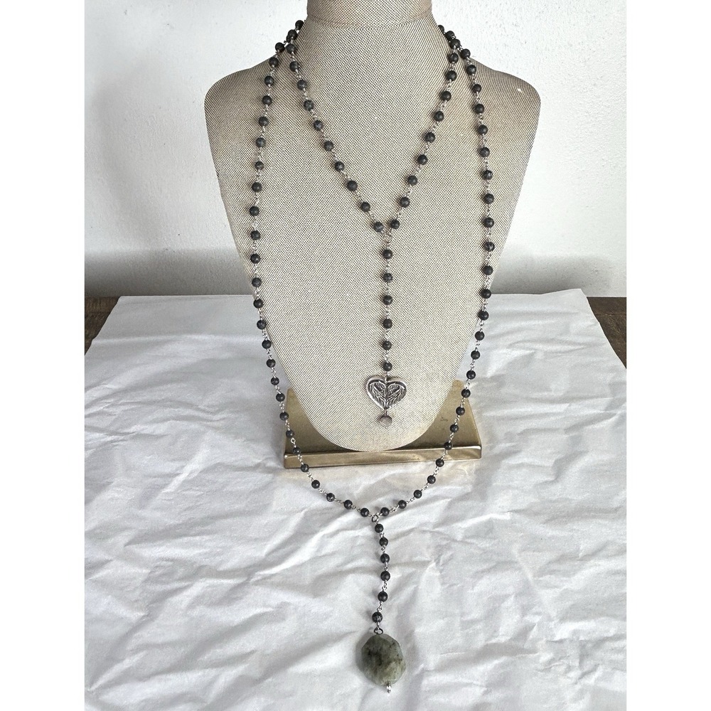 Katia Designs Boho Necklace Do No Harm Take No Sh*t Heart 24" Black Beads Silver